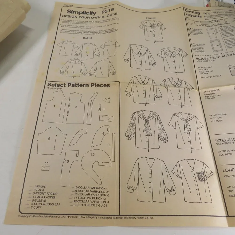 Simplicity 9318 Sewing Pattern 18W - 24W Mary Duffy Shirt-Blouse